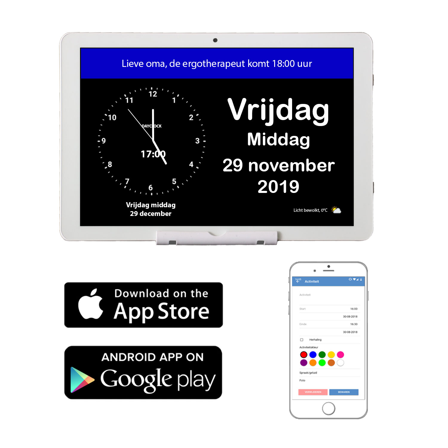 De DayClock-app is te downloaden via de App Store en Google Play